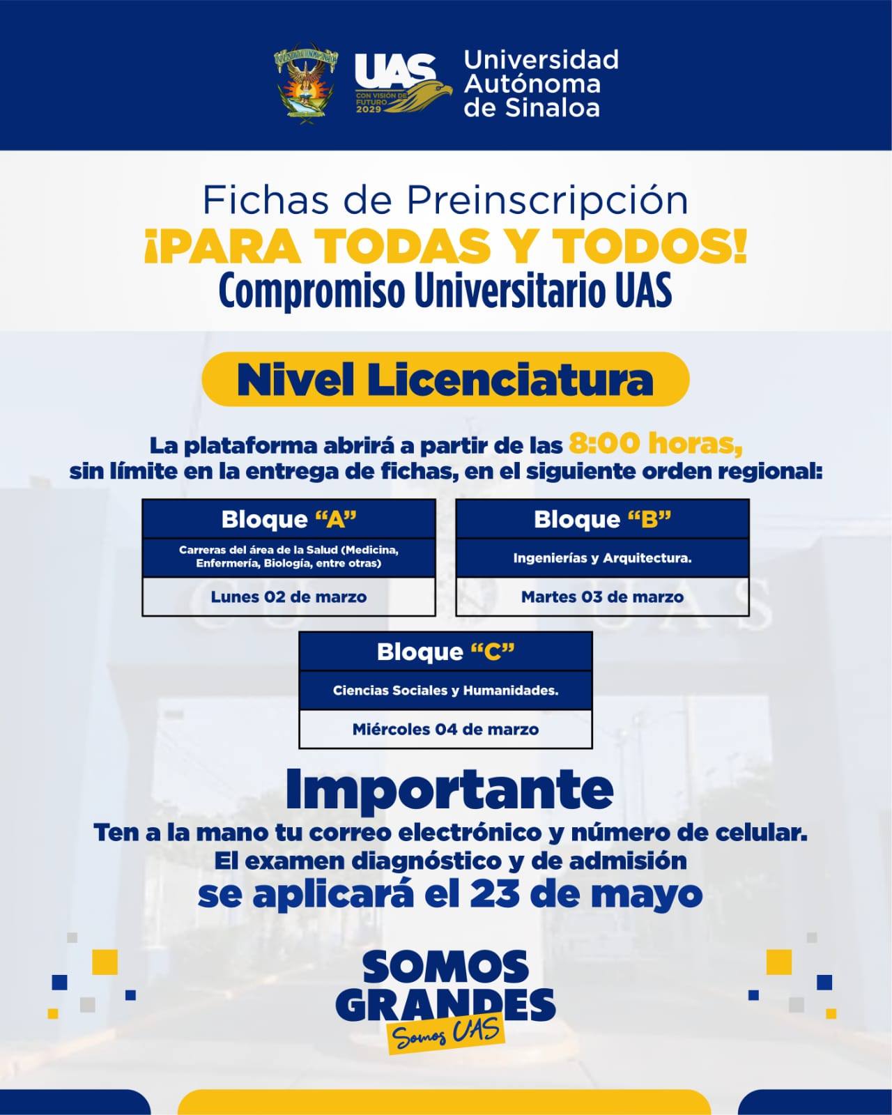 Calendario de Apertura del Portal de Preinscripción para Licenciatura, Admisión 2026 de la Universidad Autónoma de Sinaloa
